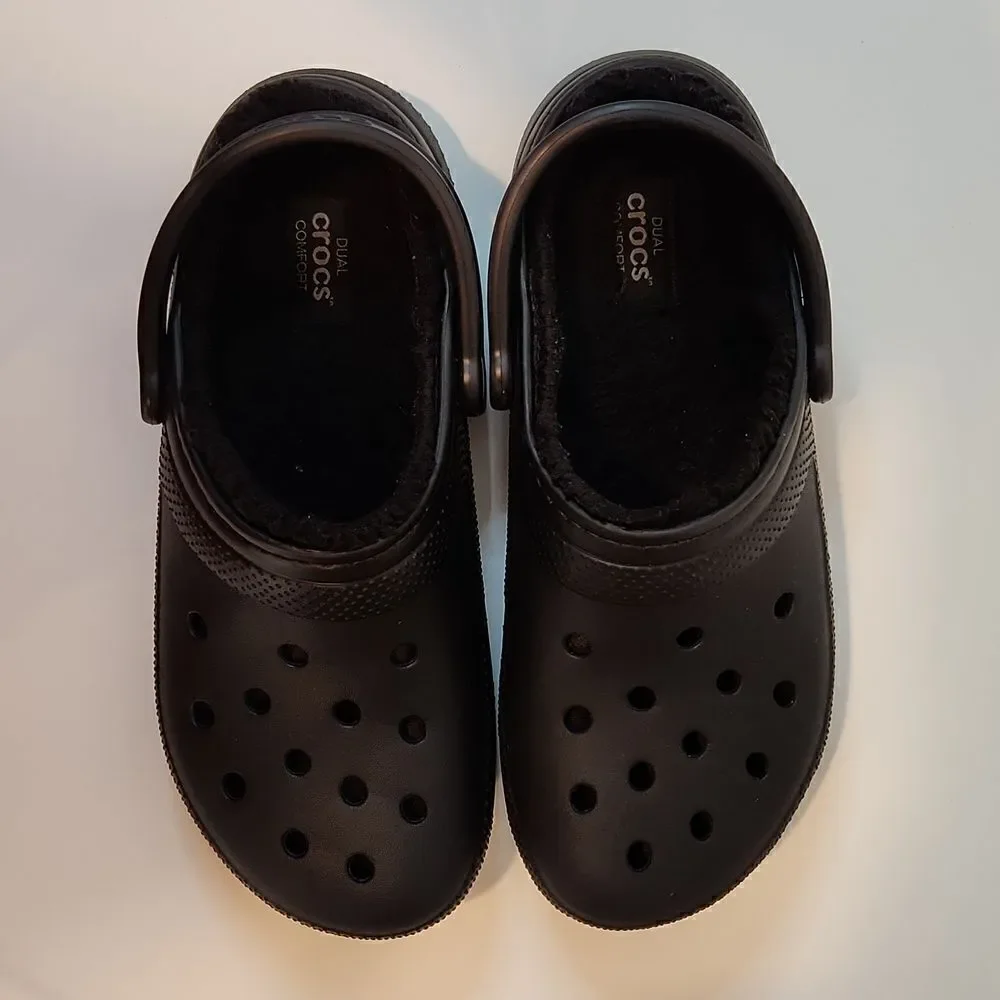 Crocs 203591 Black Faux Fur Lined Dual Comfort Clogs Size Mens 9 Womens 11 NICE!